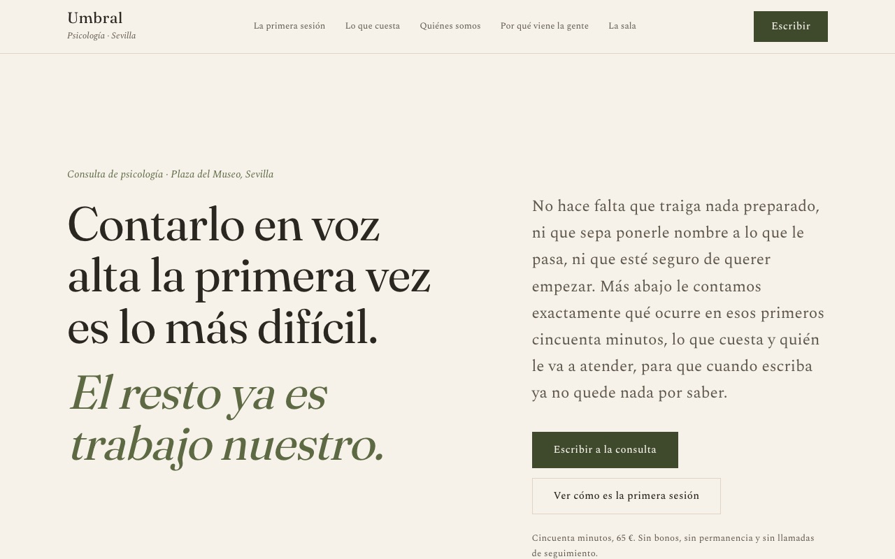 Portada de la web de muestra de UMBRAL: titular sobre la primera sesión y ventana abierta de la sala