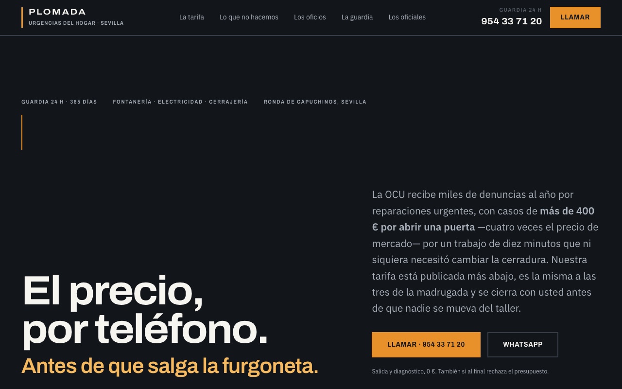 Portada de la web de muestra de PLOMADA: titular sobre el precio por teléfono y furgoneta de guardia de noche